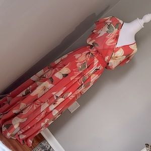 NWOT Alexa B. Nites Coral Floral Sheer Shimmery Metalic Maxi Dress Size 6